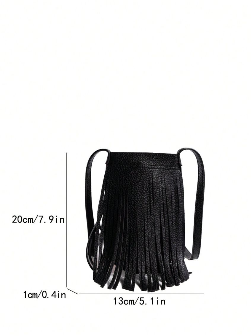 Mini Crossbody Bag Fringe Decor Black