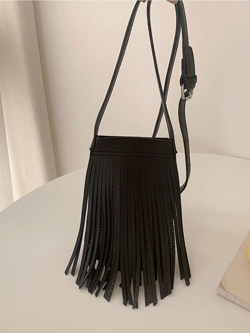 Mini Crossbody Bag Fringe Decor Black