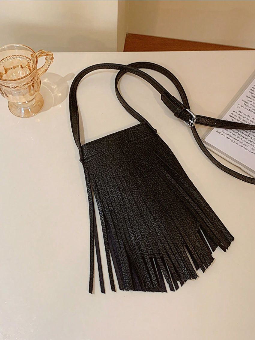 Mini Crossbody Bag Fringe Decor Black