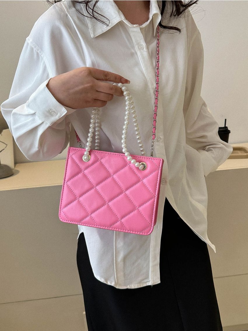 Mini Square Bag Quilted Pattern Pearl Decor Pink