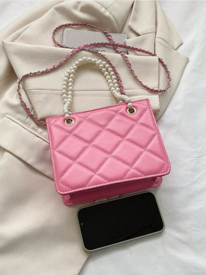 Mini Square Bag Quilted Pattern Pearl Decor Pink
