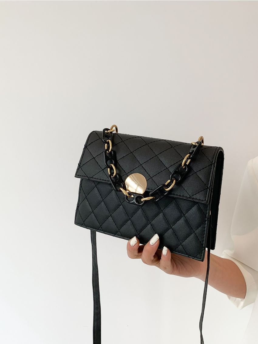Small Square Bag Quilted Chain Decor Flap