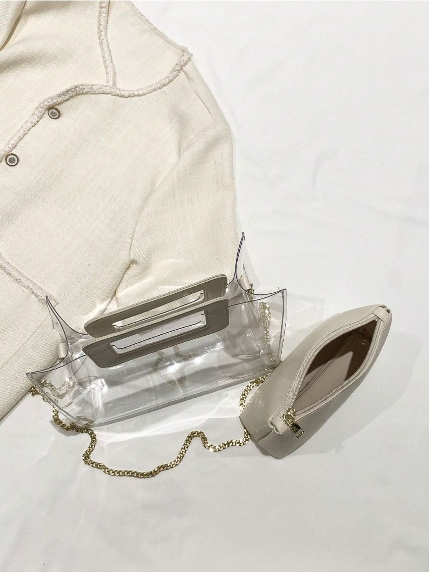 Medium Square Bag Clear Design With Inner Pouch Chain Strap