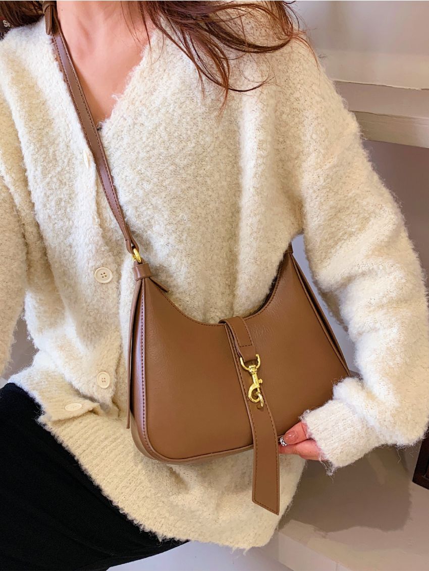 Medium Hobo Bag Lock Decor Solid Color