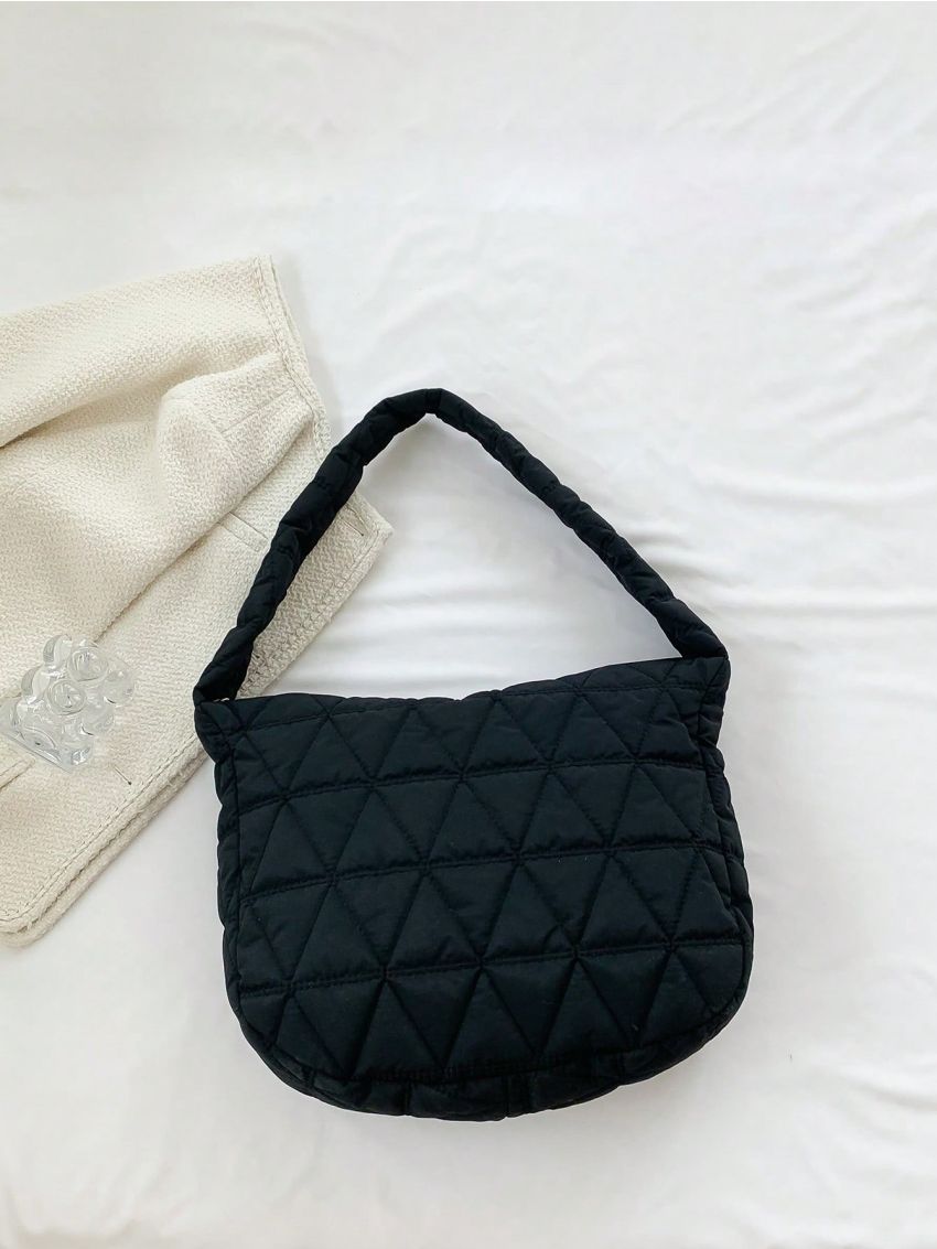 Quilted Hobo Bag Black Large Capacity Top Handle For Daily