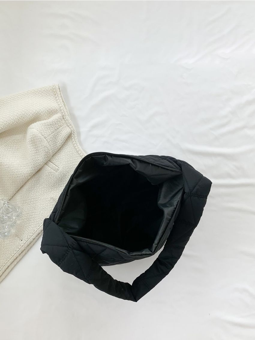Quilted Hobo Bag Black Large Capacity Top Handle For Daily