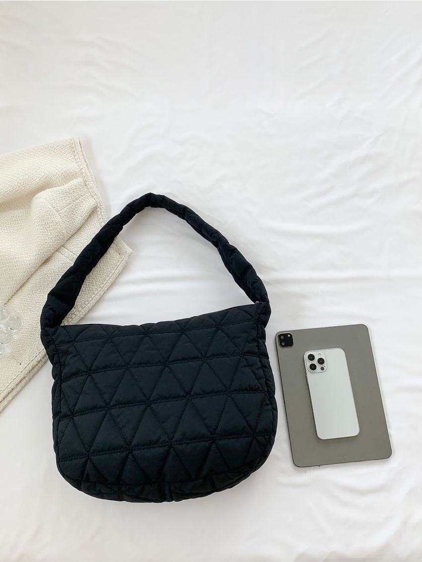 Quilted Hobo Bag Black Large Capacity Top Handle For Daily