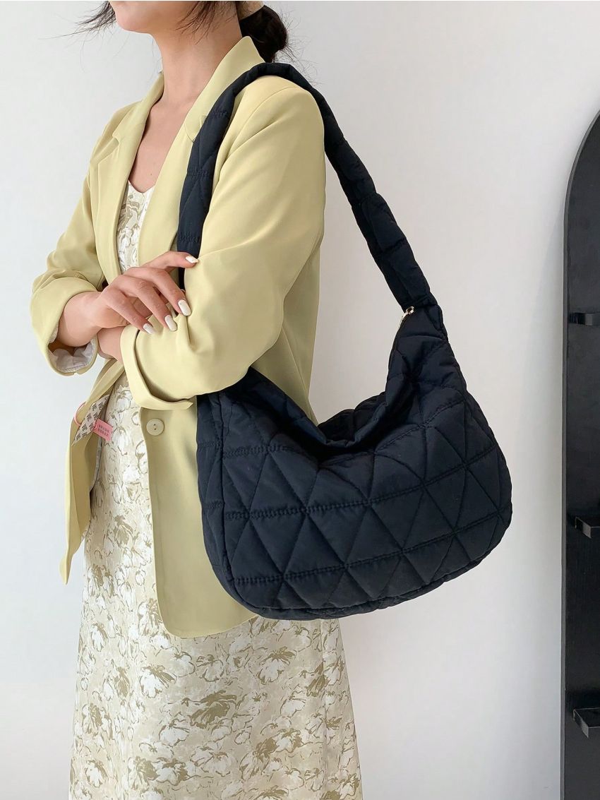 Quilted Hobo Bag Black Large Capacity Top Handle For Daily