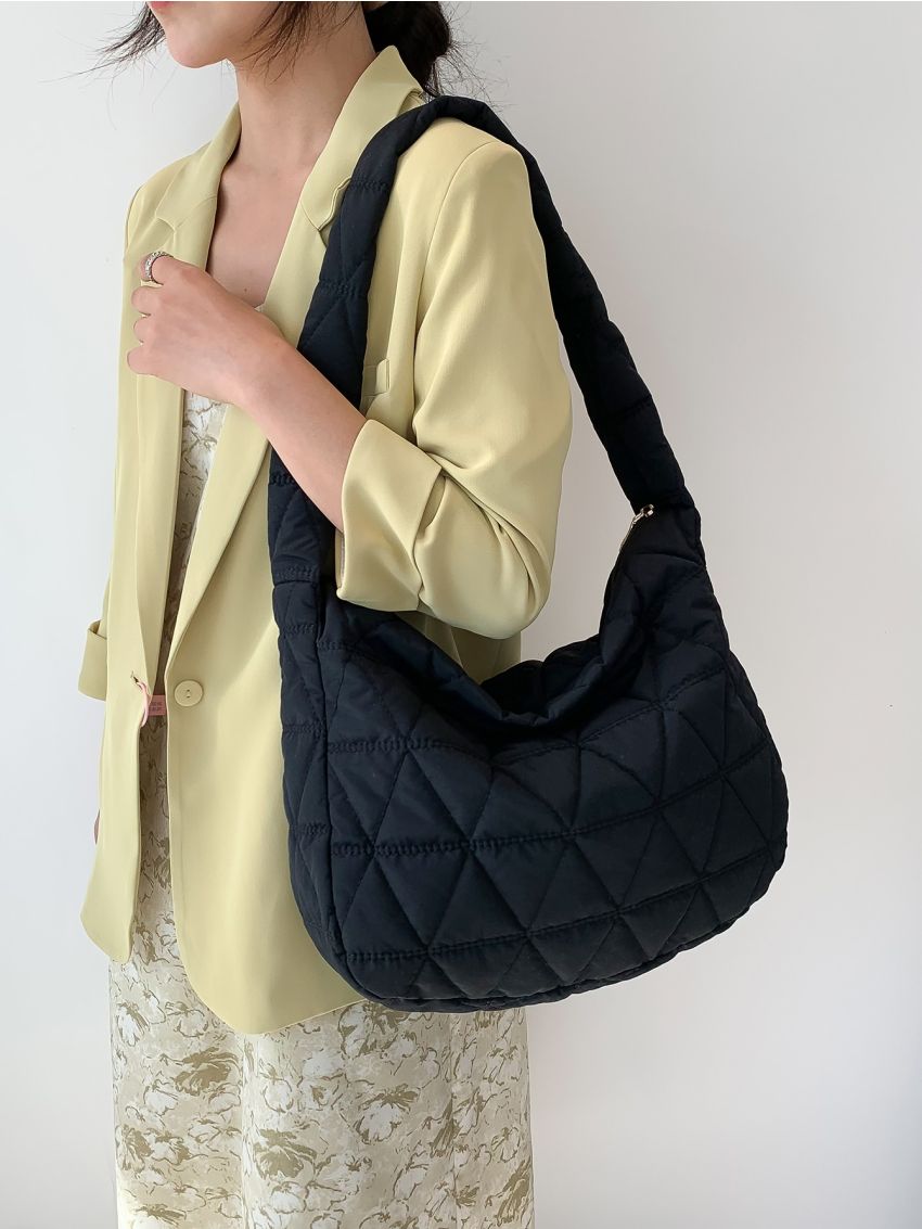 Quilted Hobo Bag Black Large Capacity Top Handle For Daily