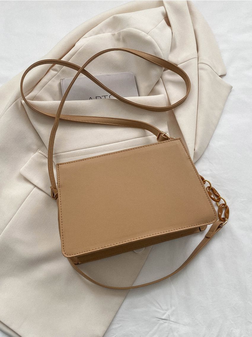 PU Square Bag Letter Print Faux Pearl Decor