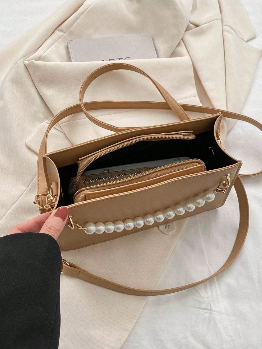 PU Square Bag Letter Print Faux Pearl Decor