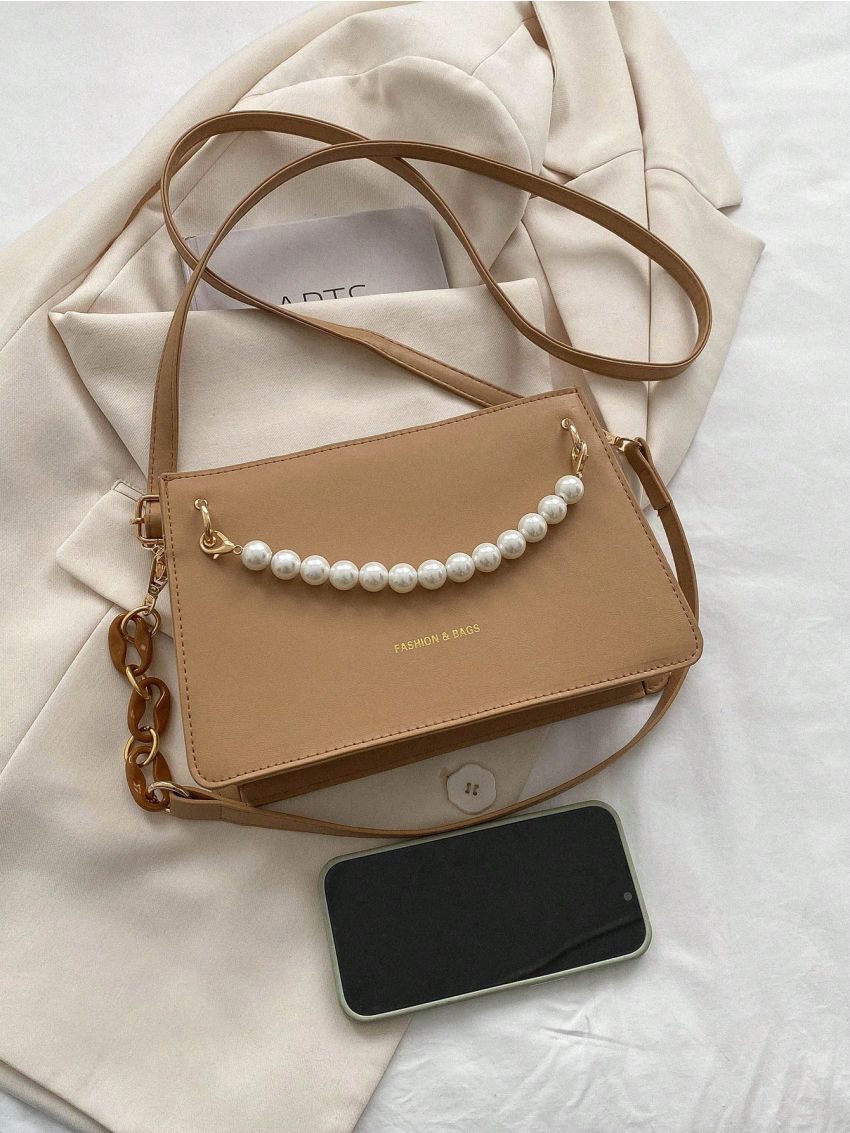 PU Square Bag Letter Print Faux Pearl Decor