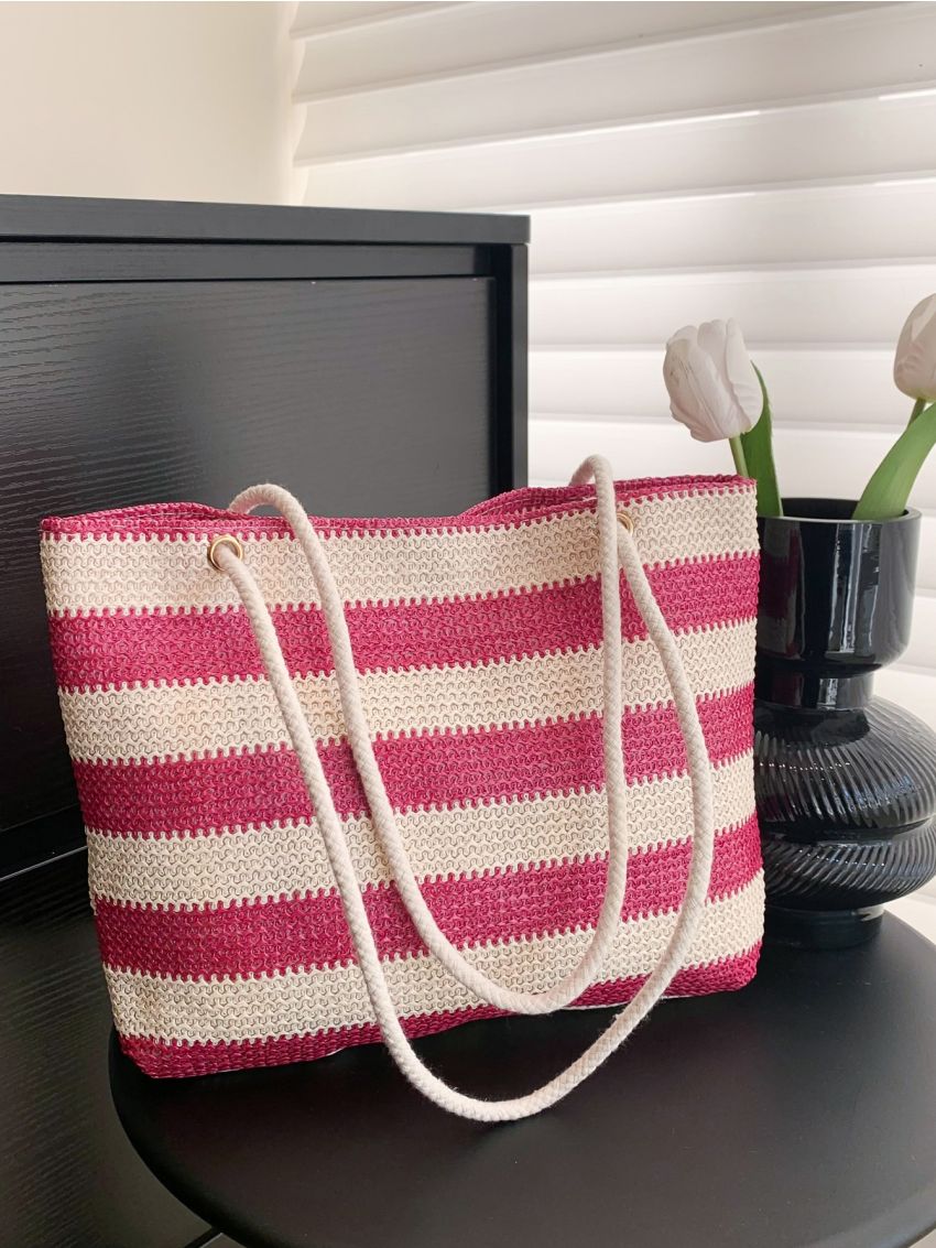Striped Pattern Straw Bag Double Handle Vacation Beach Bag