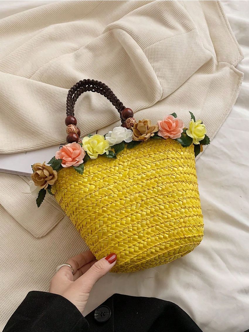 Flower Decor Straw Bag Medium Double Handle Vacation