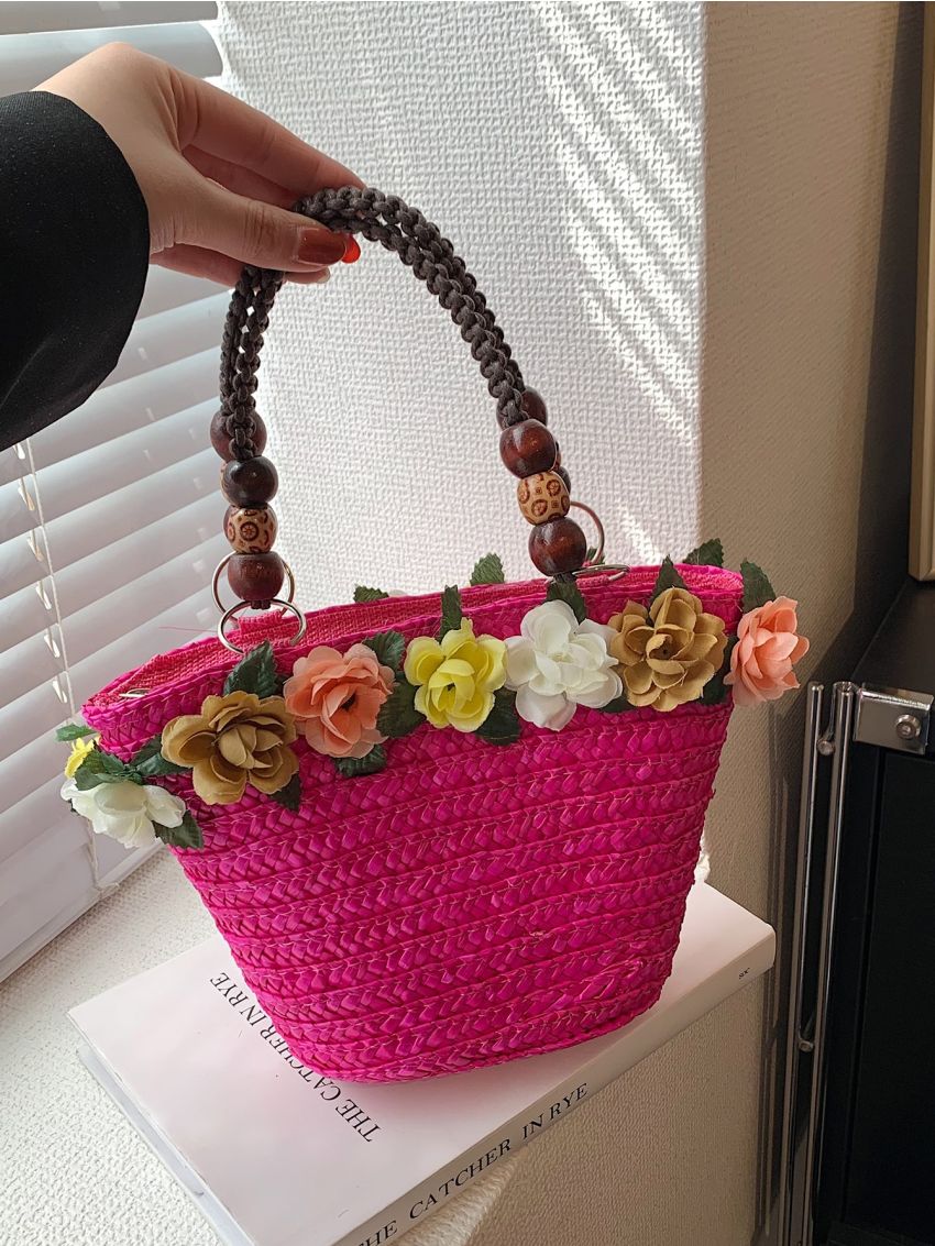 Flower Decor Straw Bag Medium Double Handle Vacation