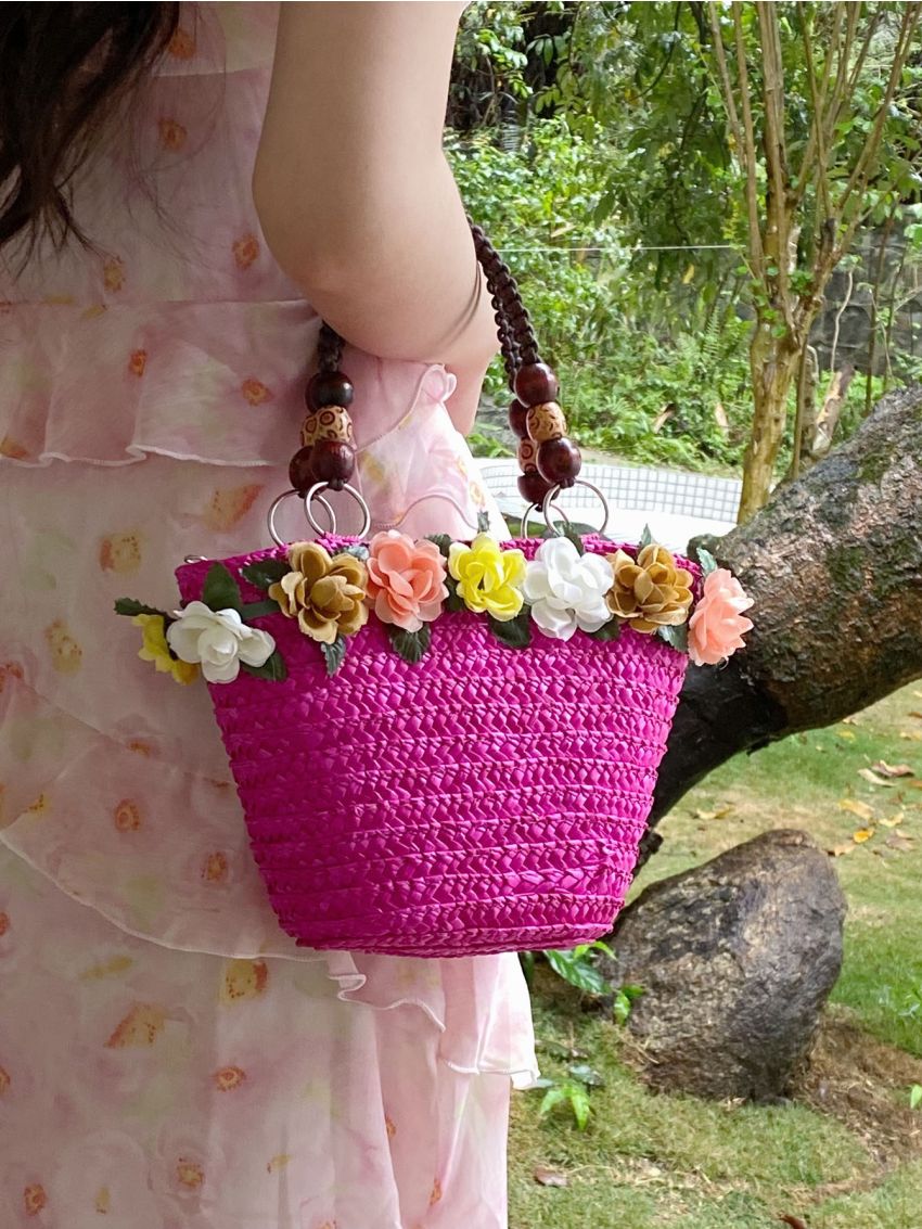 Flower Decor Straw Bag Medium Double Handle Vacation
