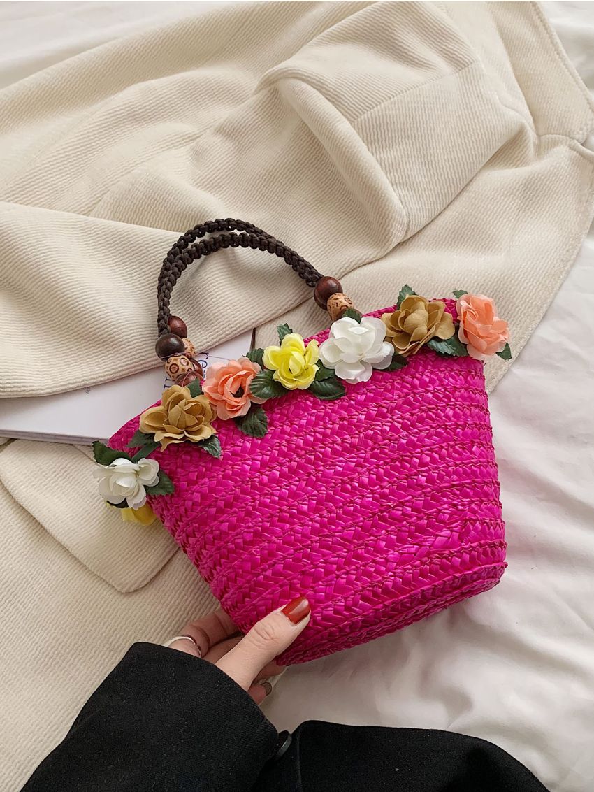 Flower Decor Straw Bag Medium Double Handle Vacation