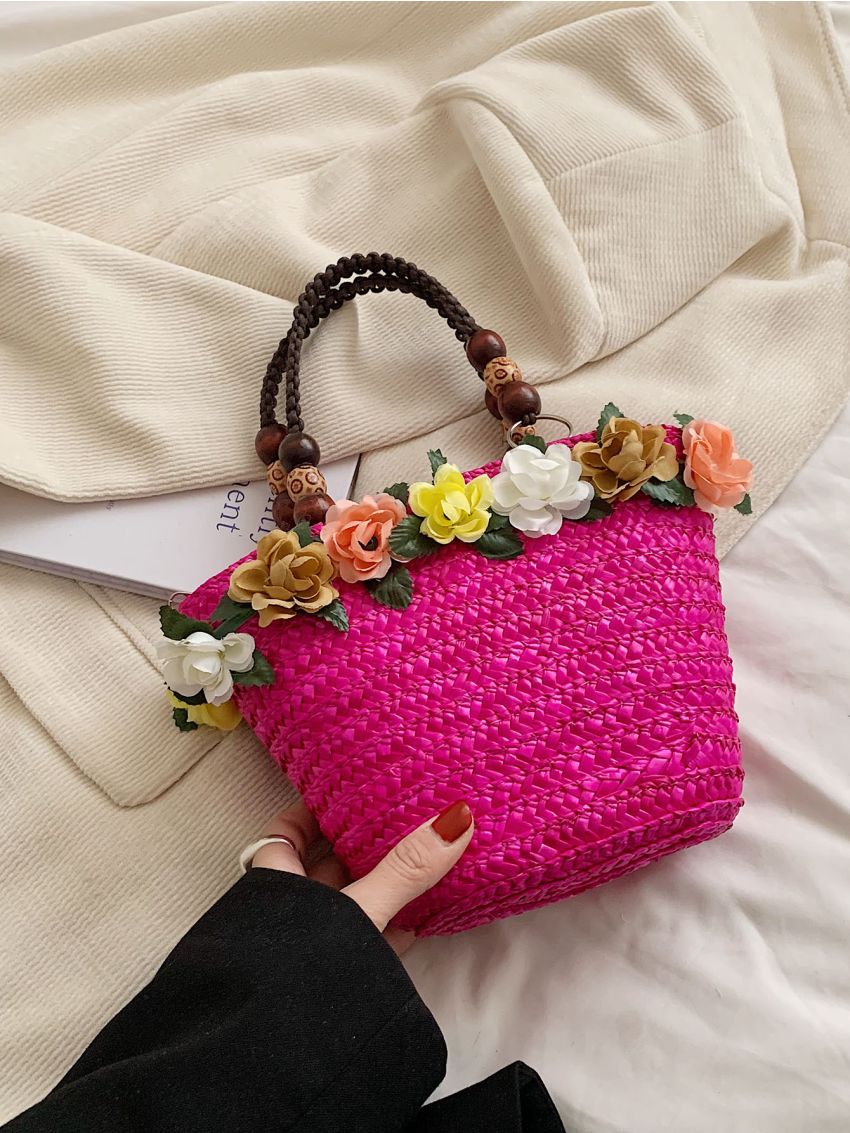 Flower Decor Straw Bag Medium Double Handle Vacation