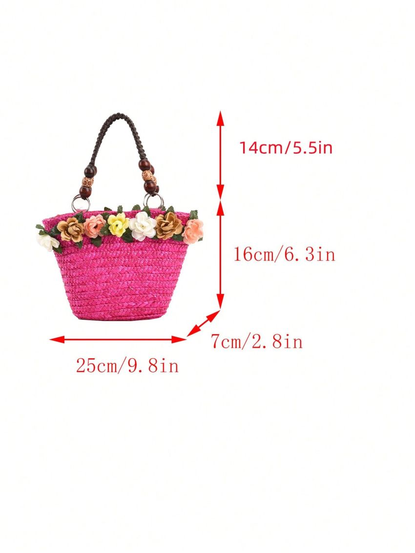 Flower Decor Straw Bag Medium Double Handle Vacation