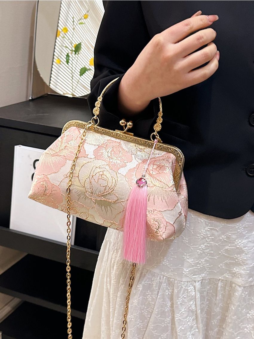 Flower Embroidered Square Bag Kiss Lock Tassel Decor