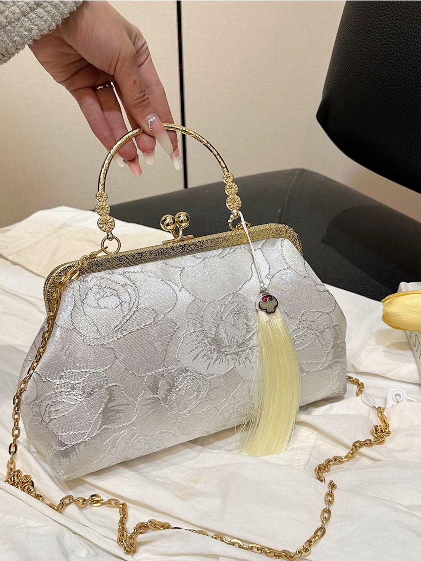 Flower Embroidered Square Bag Kiss Lock Tassel Decor