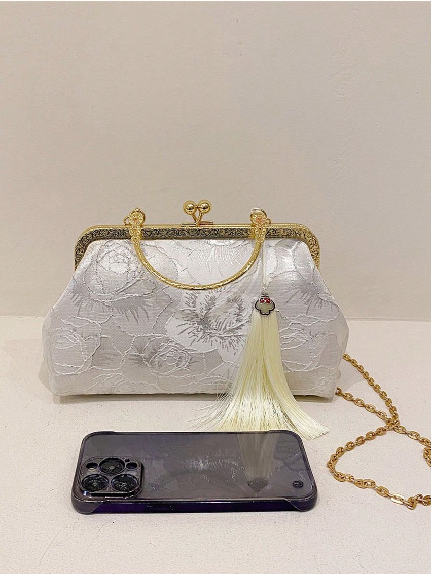 Flower Embroidered Square Bag Kiss Lock Tassel Decor