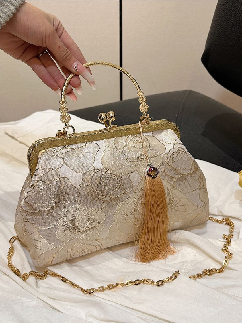 Flower Embroidered Square Bag Kiss Lock Tassel Decor