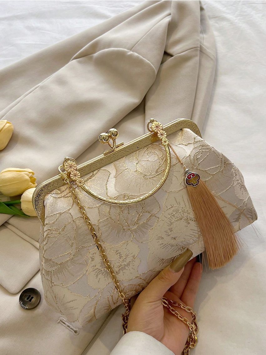 Flower Embroidered Square Bag Kiss Lock Tassel Decor