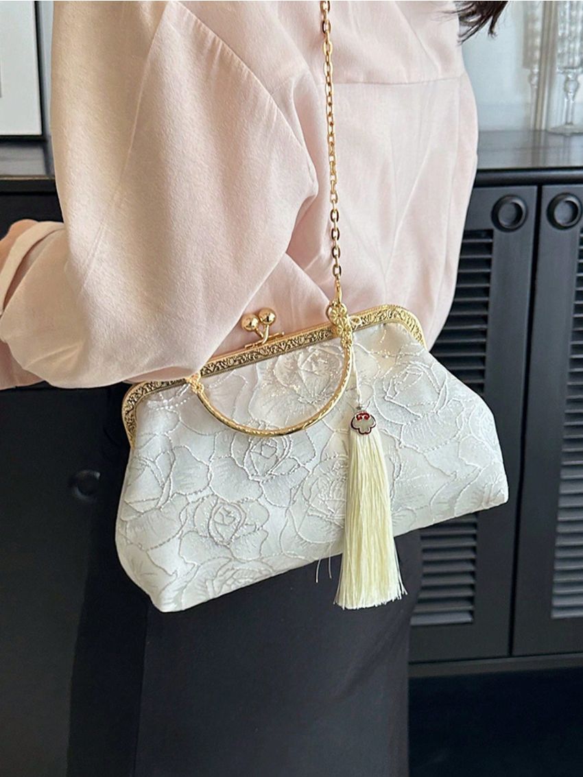 Flower Embroidered Square Bag Kiss Lock Tassel Decor