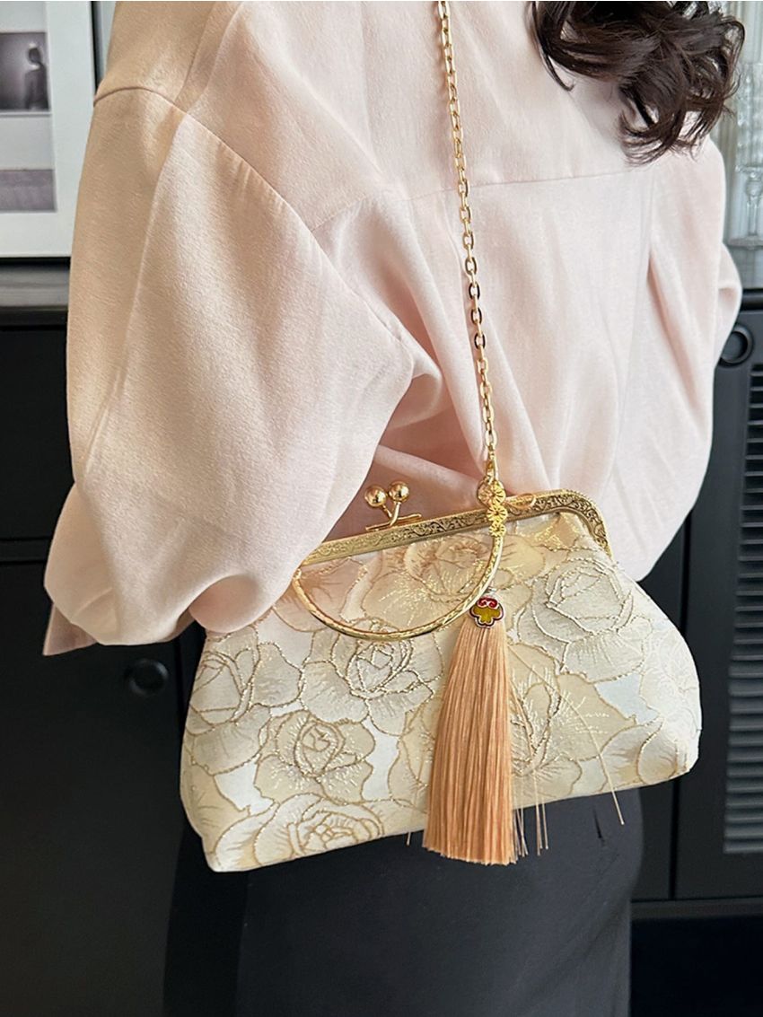 Flower Embroidered Square Bag Kiss Lock Tassel Decor