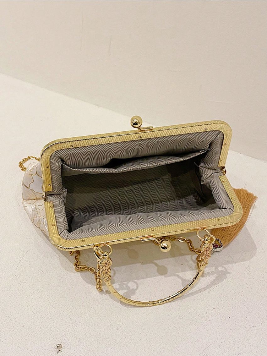 Flower Embroidered Square Bag Kiss Lock Tassel Decor