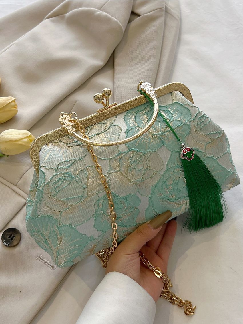 Flower Embroidered Square Bag Kiss Lock Tassel Decor