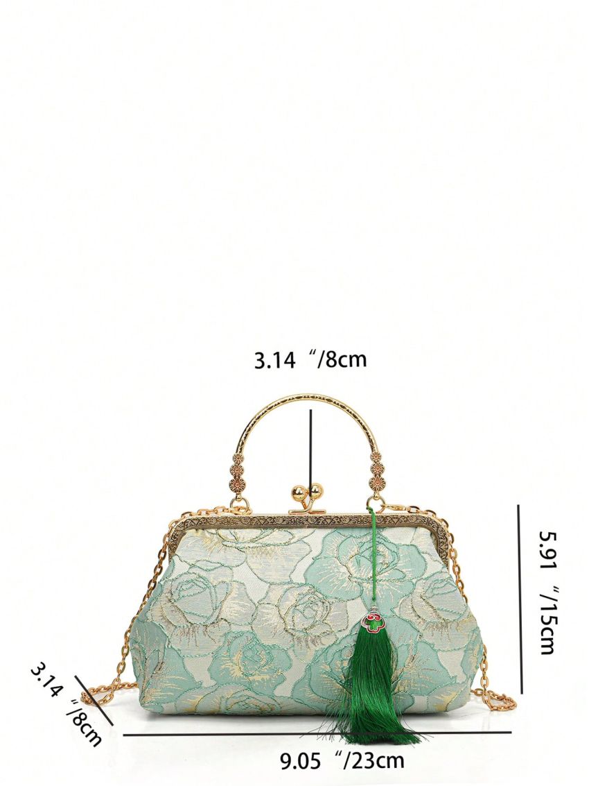 Flower Embroidered Square Bag Kiss Lock Tassel Decor