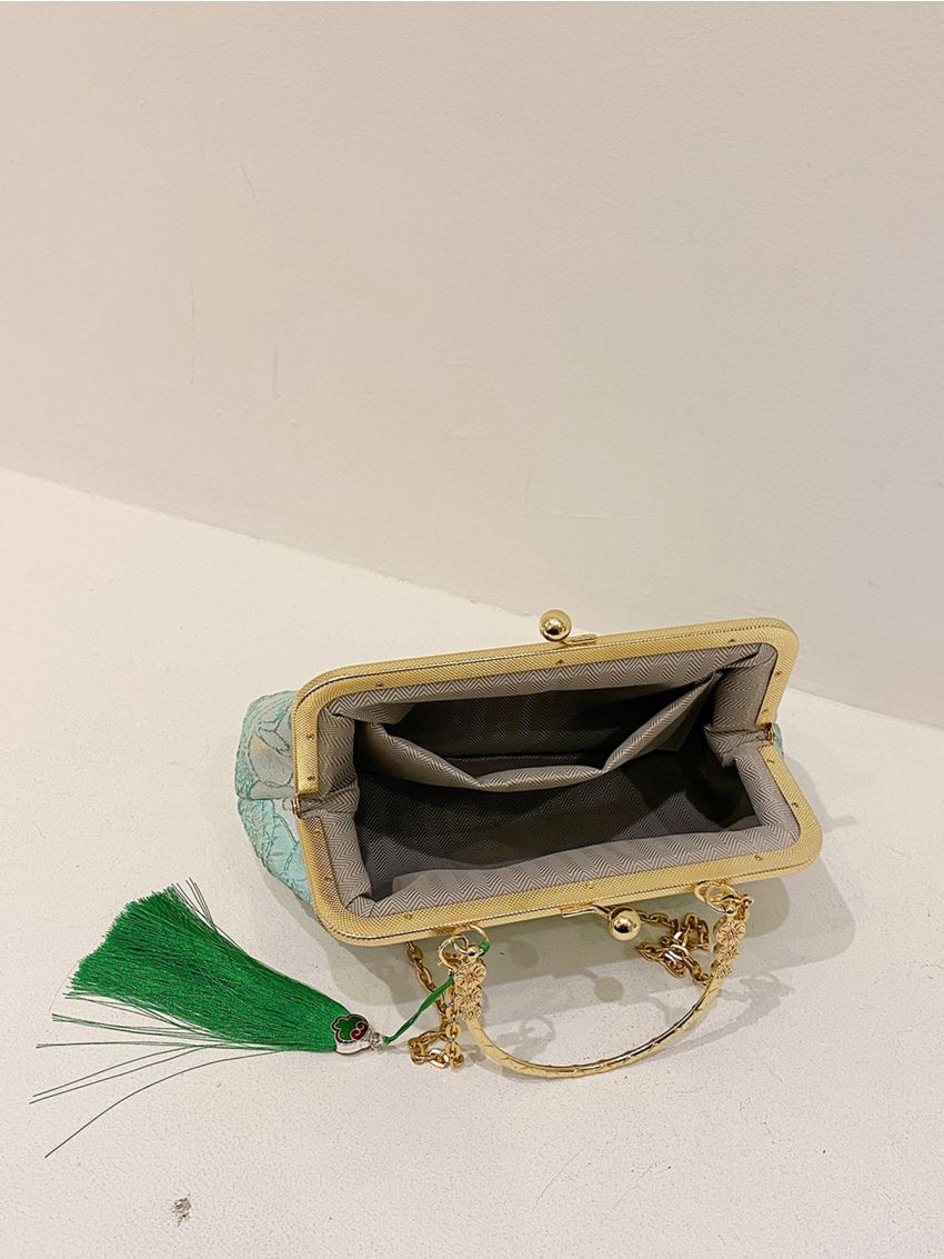 Flower Embroidered Square Bag Kiss Lock Tassel Decor