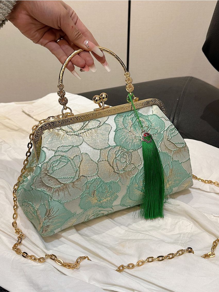 Flower Embroidered Square Bag Kiss Lock Tassel Decor