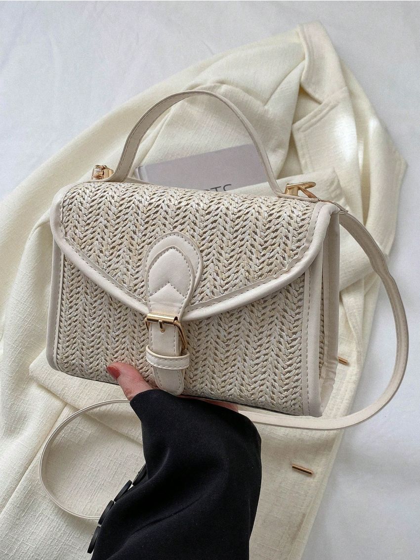 Buckle Decor Straw Bag Mini Top Handle Vacation