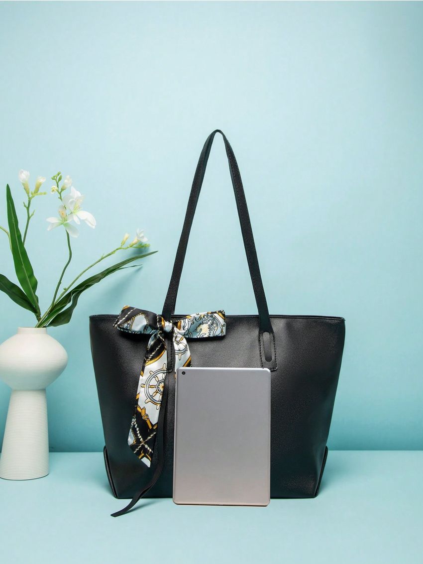 Large Shoulder Tote Bag Twilly Scarf Decor Double Handle Zipper PU Fashionable