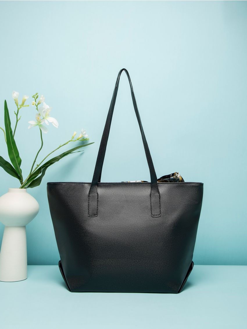 Large Shoulder Tote Bag Twilly Scarf Decor Double Handle Zipper PU Fashionable