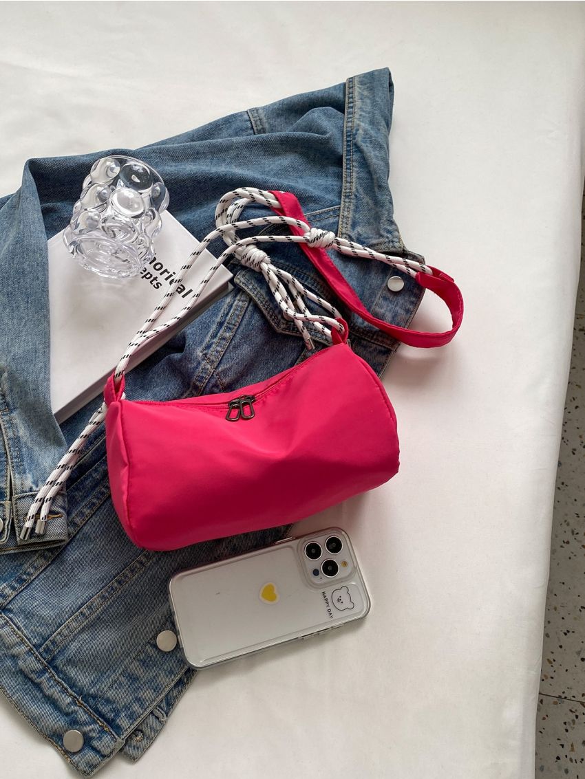 Fashion Hot Pink Bucket Bag Nylon Zipper