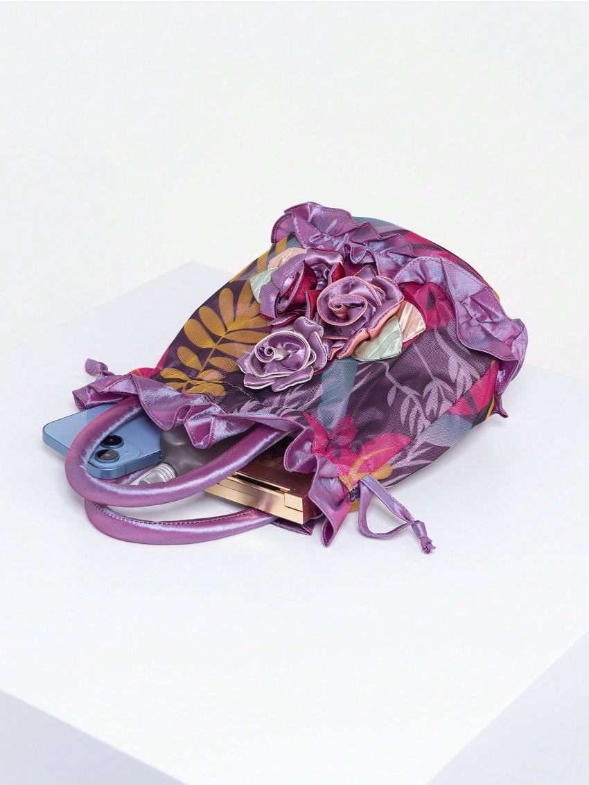 Random Color Flower Decor Drawstring Handbag, Trendy Small Evening Bag, Simple Phone Bag, Cute Bucket Bag Random Pattern