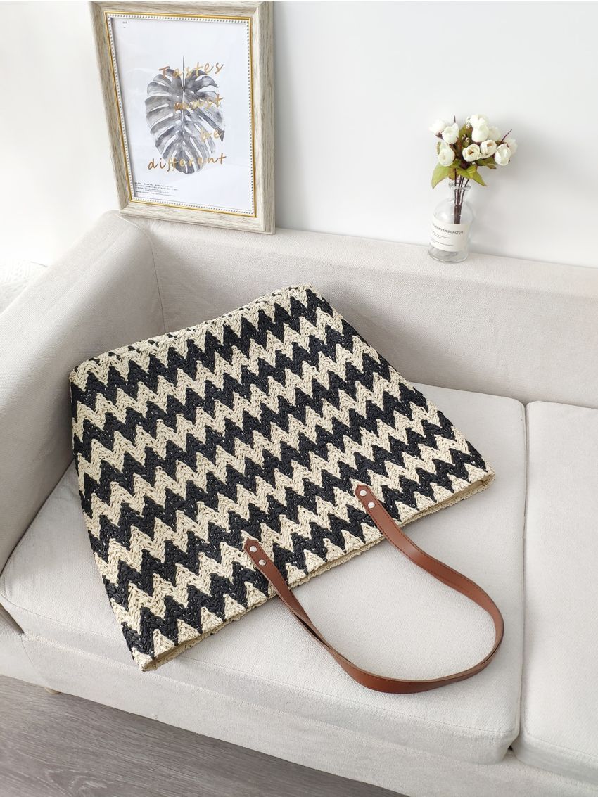 Chevron Graphic Straw Bag Vacation Double Handle