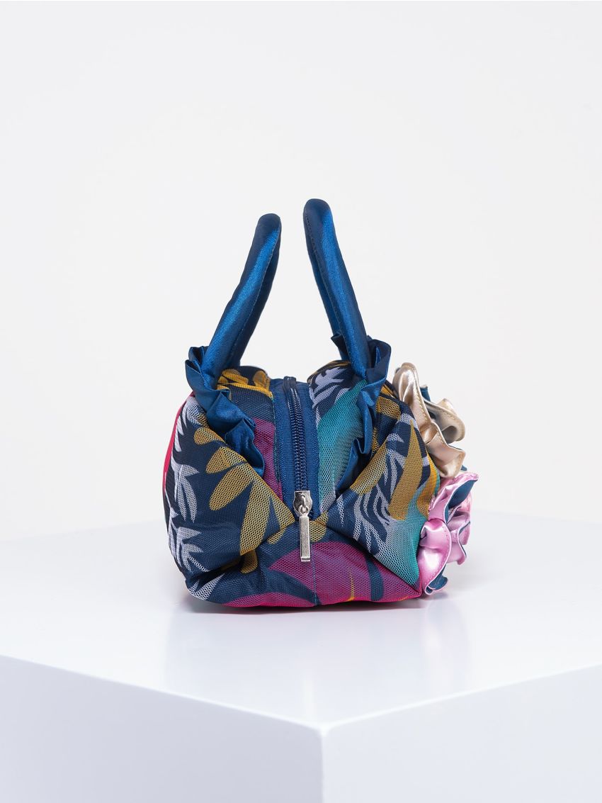 Random Color Flower Decor Zipper Handbag, Fashion Double Handle Purse, Casual Flower Design Bag For Shopping & Travel Random Pattern