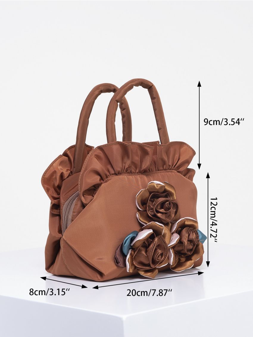 Random Color Flower Decor Zipper Handbag, Fashion Double Handle Purse, Casual Flower Design Bag For Shopping & Travel Random Pattern