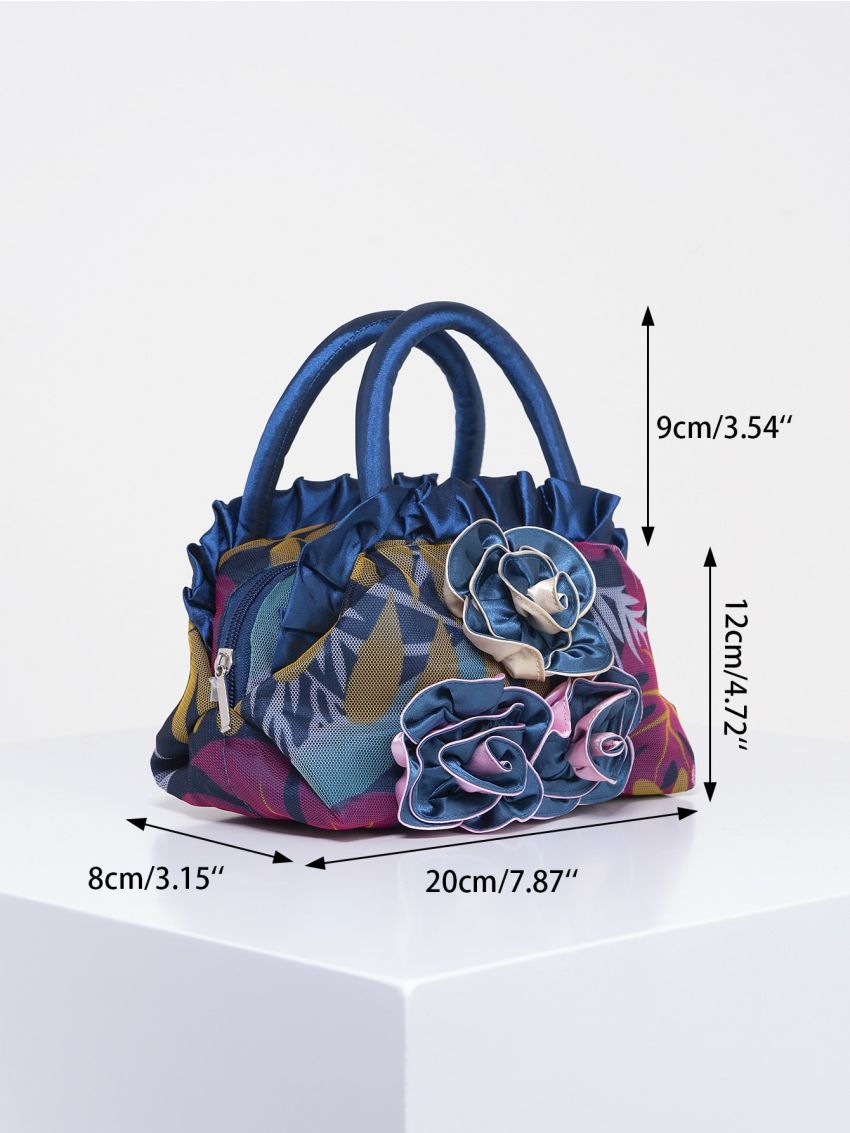 Random Color Flower Decor Zipper Handbag, Fashion Double Handle Purse, Casual Flower Design Bag For Shopping & Travel Random Pattern