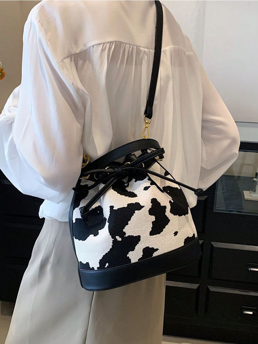 Colorblock Bucket Bag Cow Pattern Drawstring Design
