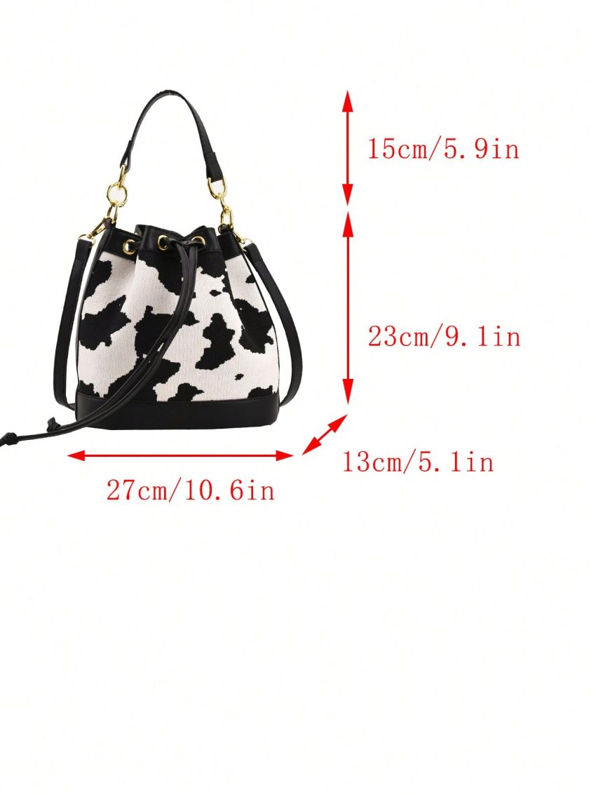 Cow Pattern Bucket Bag Eyelet Detail Drawstring Design Top Handle Polyester