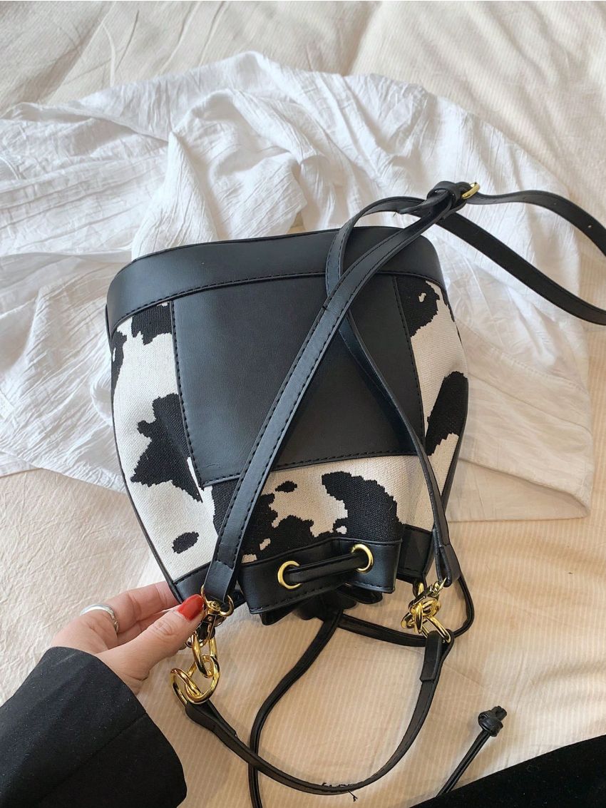 Cow Pattern Bucket Bag Eyelet Detail Drawstring Design Top Handle Polyester