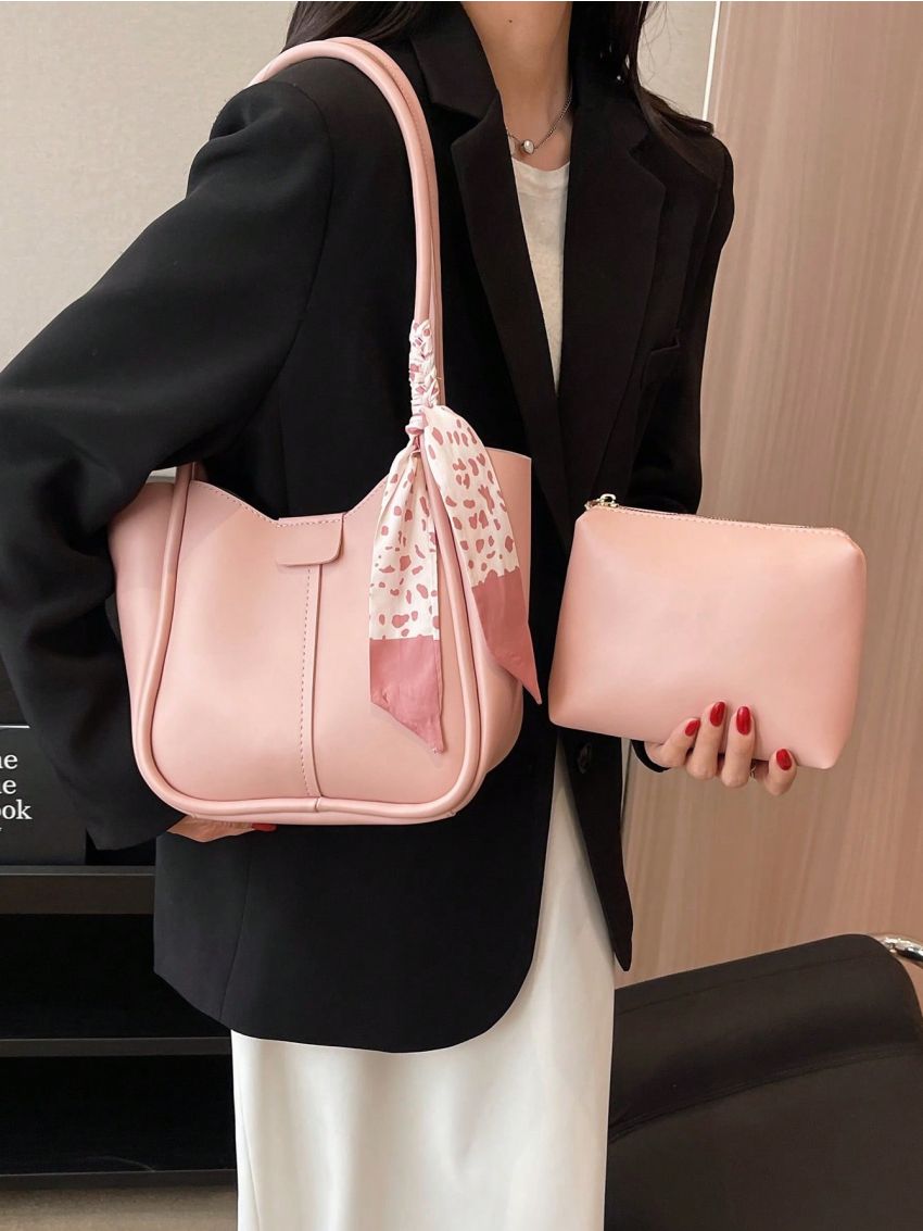 Twilly Scarf Decor Hobo Bag Pink With Inner Pouch