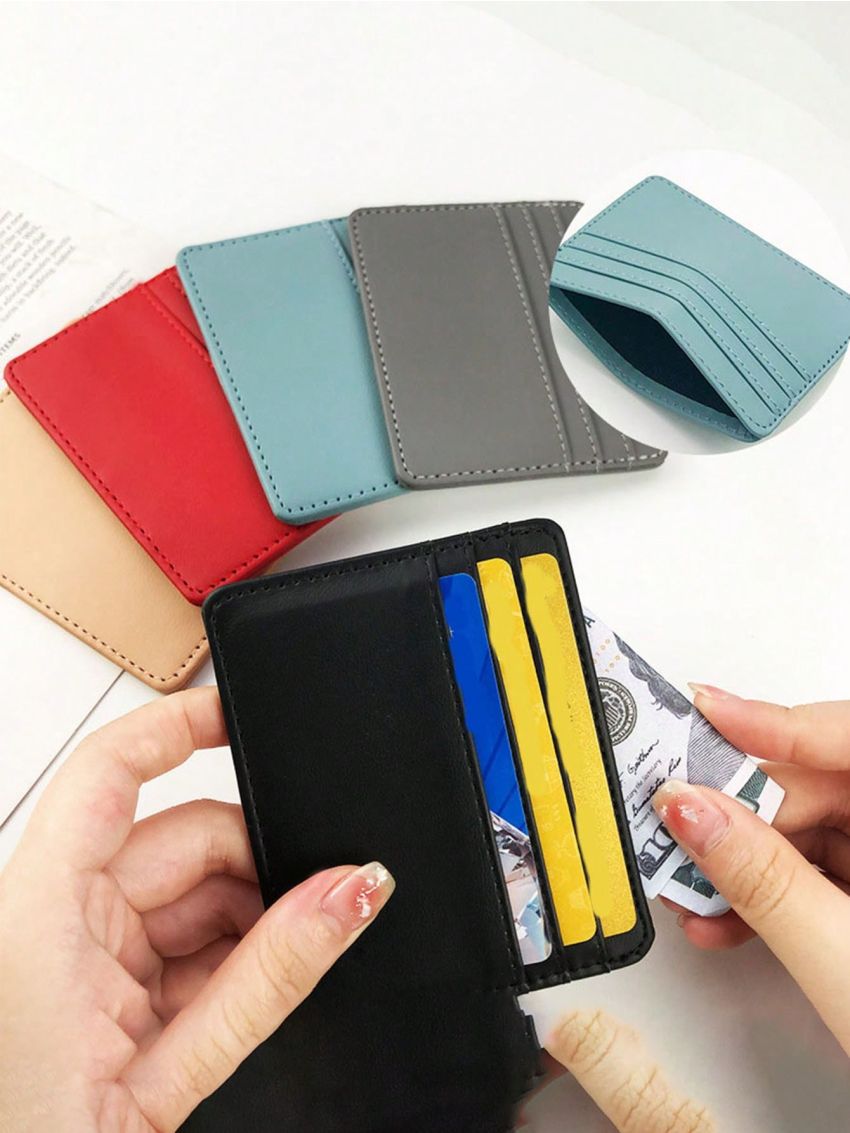 1pc Black Minimalist Card Holder Stitch Detail