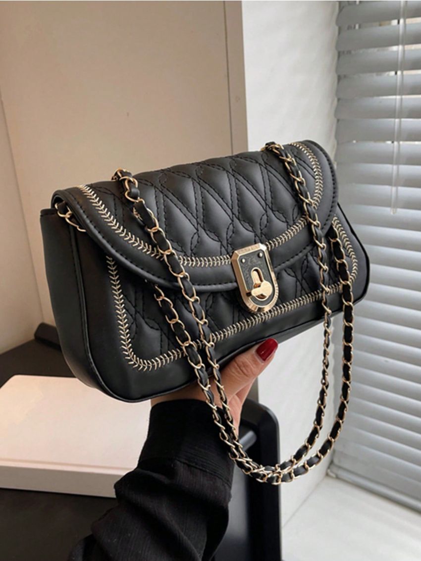 Small Flap Square Bag Quilted Pattern Embroidered Detail Turn Lock